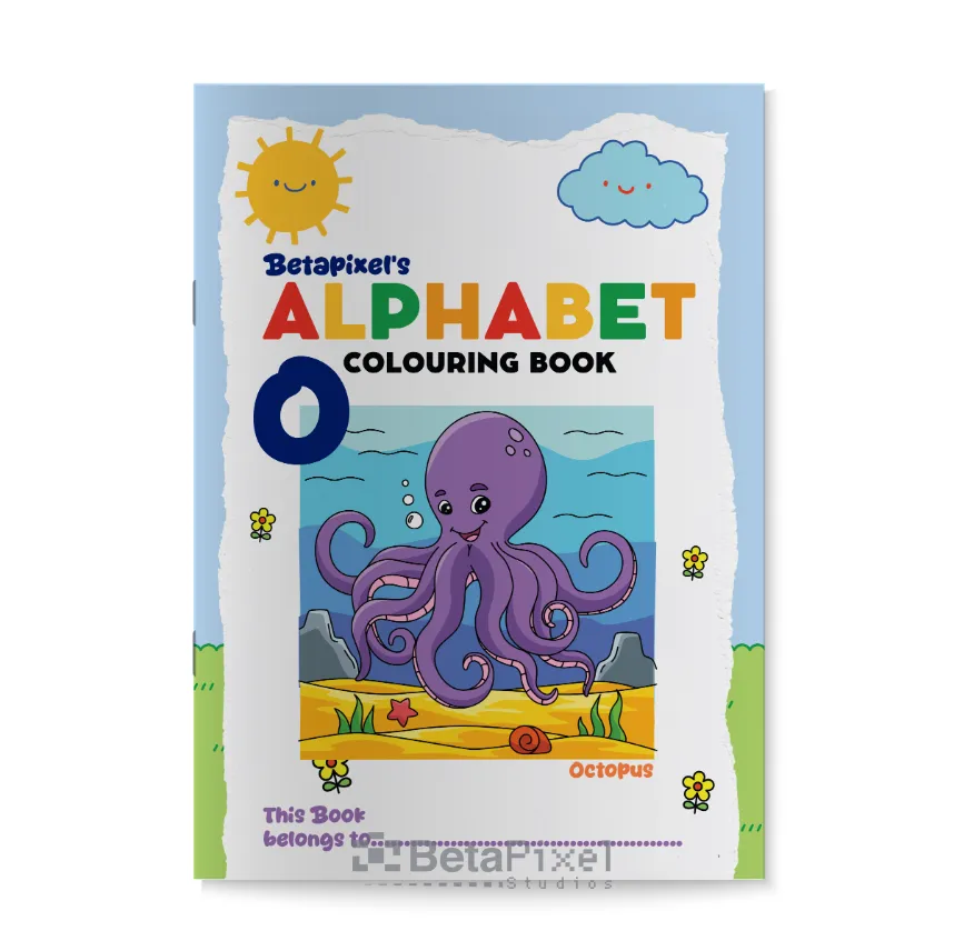 Front cover of Betapixel’s Alphabet Colouring Book with a smiling purple octopus for the letter O