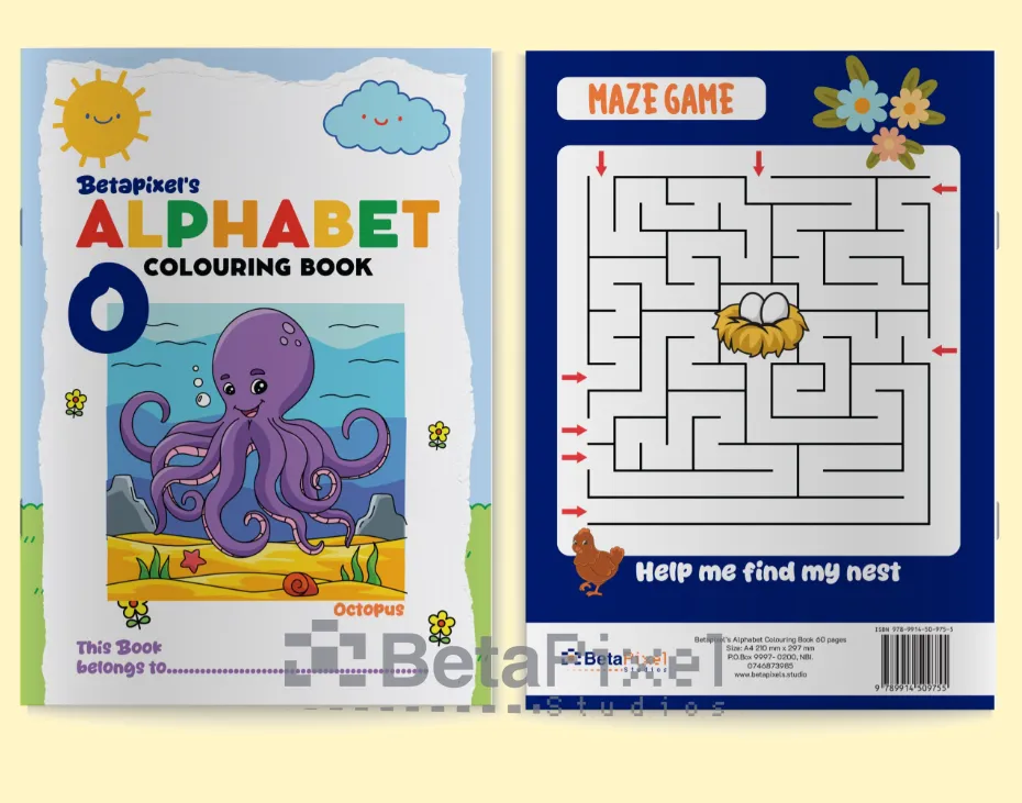 Front and back covers of the Alphabet Colouring Book; the back cover has a maze game titled Help me find my nest