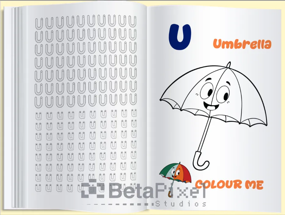 Inside spread with U and u tracing practice and a smiling umbrella to colour