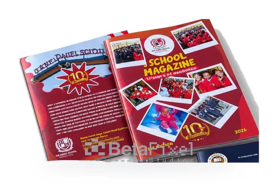 Printed school magazine cover and back page celebrating ten years, with photo collage