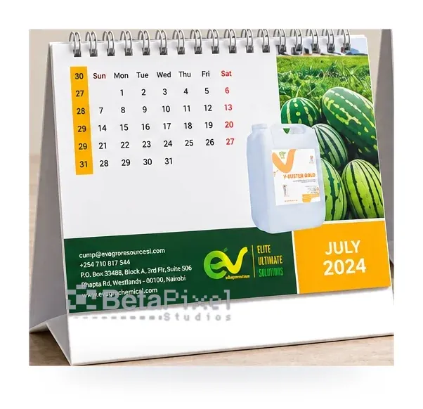 Desk calendar for an agricultural chemicals company showing watermelons, a product container and a green contact band