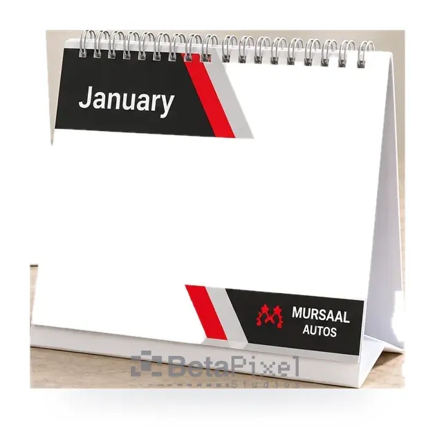 Desk calendar for a vehicle spare-parts dealer with a black and red January header and a product photo