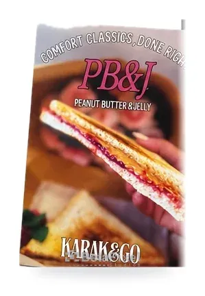 Café table tent card with a full-bleed photo of a peanut butter and jelly toasted sandwich