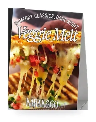 Café table tent card with a full-bleed photo of a cheesy veggie melt sandwich