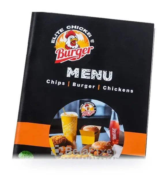 Black fast-food menu cover with a burger and chicken photograph and bold MENU title