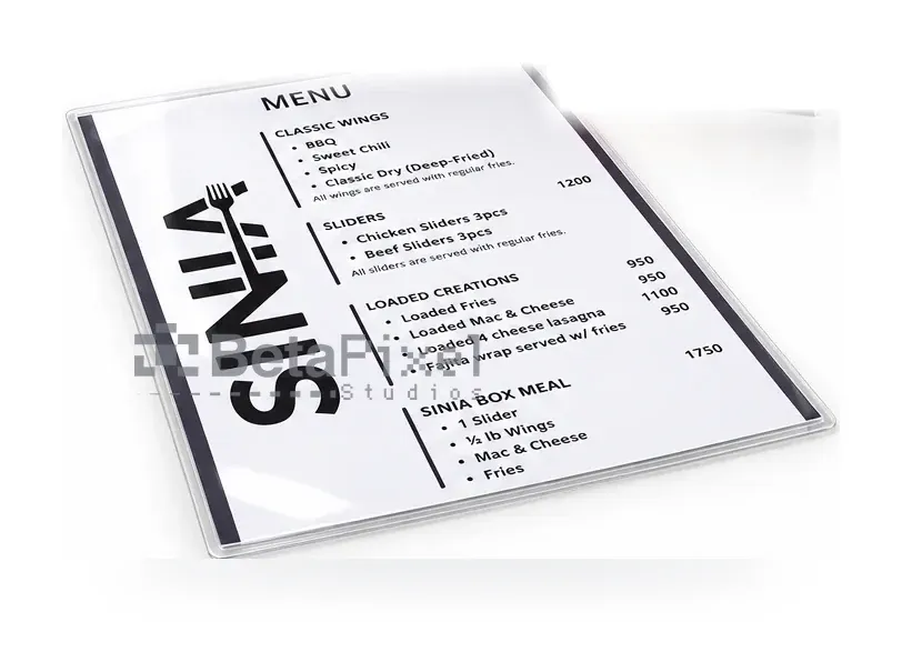 Single-page white menu card in a clear sleeve listing wings, sliders and loaded fries with prices