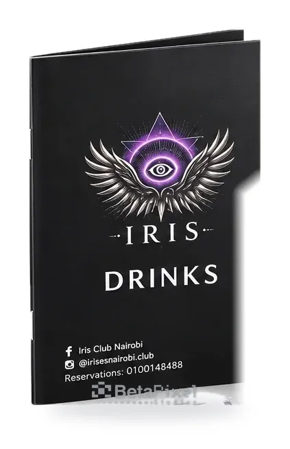 Black drinks menu cover for a Nairobi lounge with a winged eye logo and reservation details