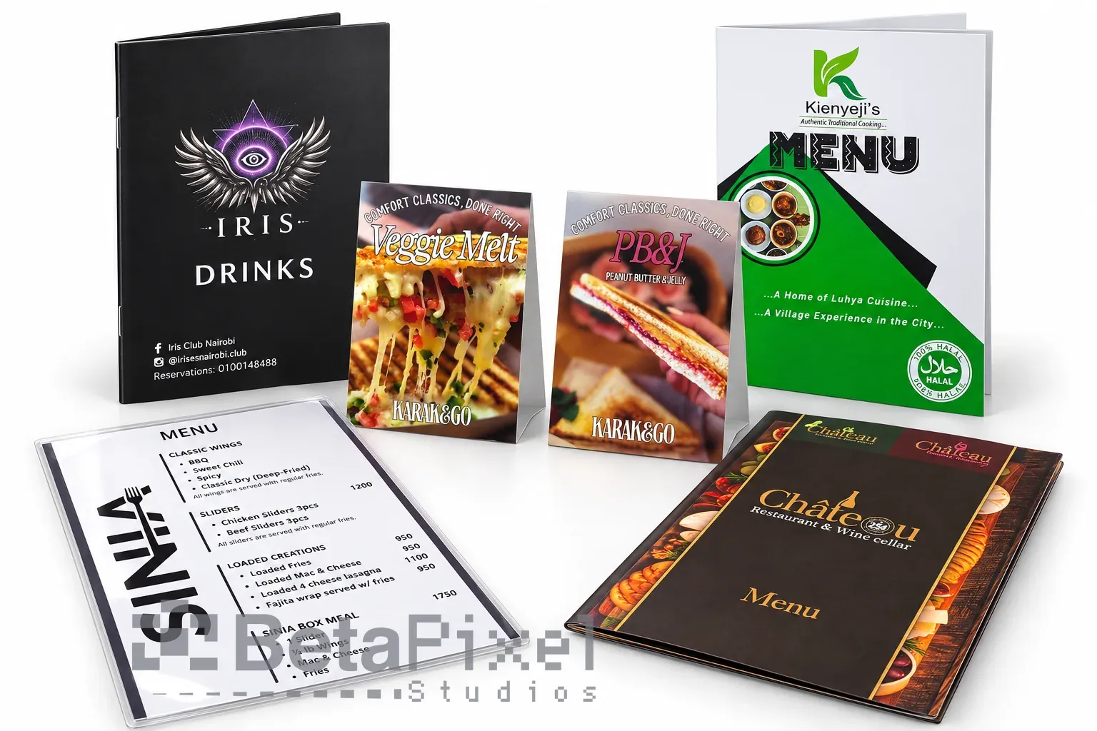 Printed drinks menu, restaurant menu covers, a laminated menu card and two food photo table tents for Nairobi cafés and restaurants