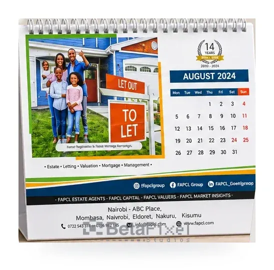 Desk calendar for a property company with a family outside a to-let house, a monthly grid and a services band