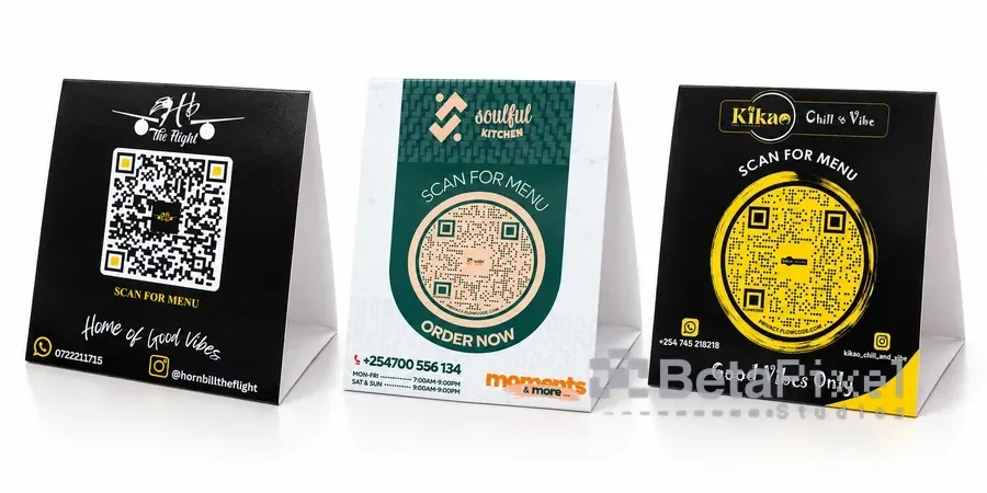 Three scan-for-menu QR table tents in black, green and yellow designs for a lounge, a kitchen and a café