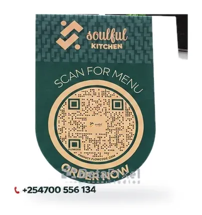 Green and marble table tent card with an order-now QR code and opening hours for a restaurant
