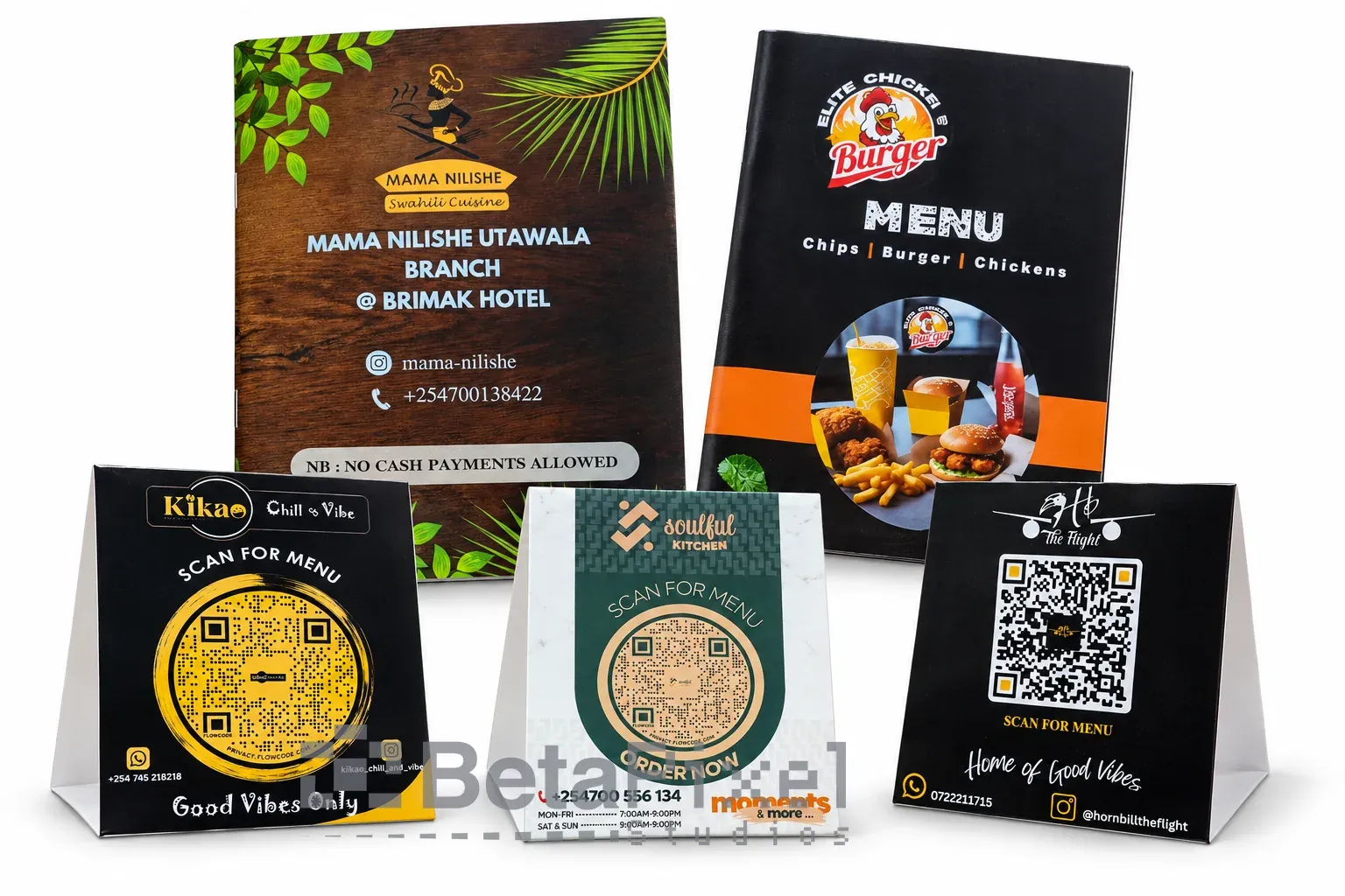 Printed restaurant menu covers and QR code table tent cards for cafés and restaurants in Nairobi