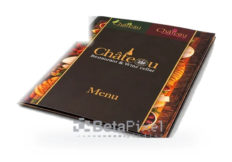 Dark menu folder for a restaurant and wine cellar with gold lettering and food photo side panels