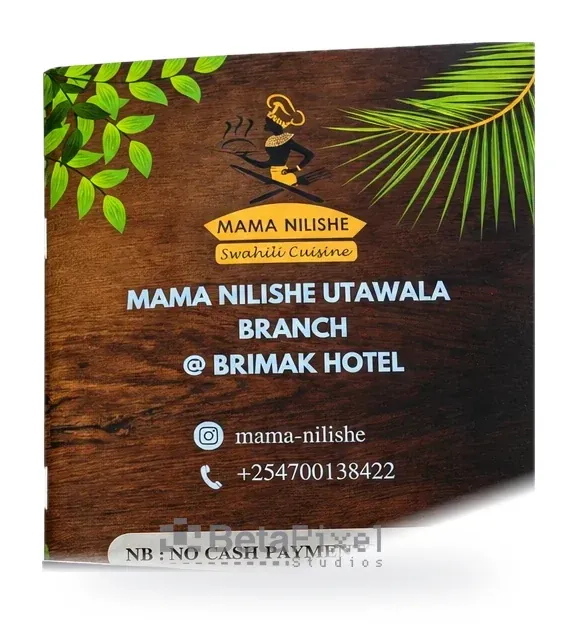 Printed menu cover for a Swahili cuisine restaurant with a wood-texture design and contact details
