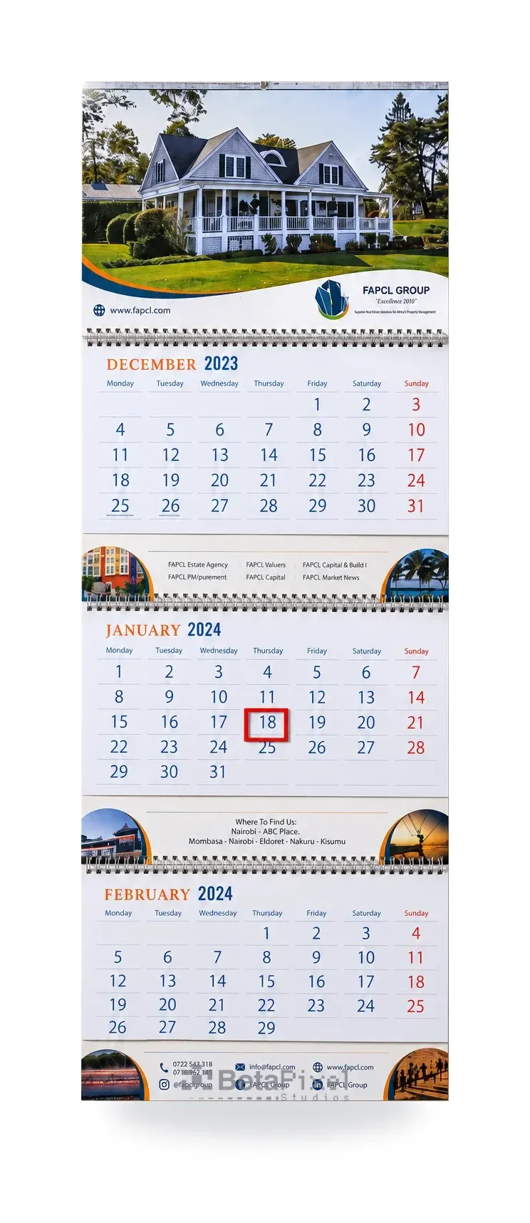 Tall three-month wall calendar with a house photograph header, spiral-bound month pads and a contact footer for a property company