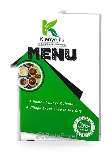 Green and white menu cover for a Luhya traditional cuisine restaurant with a food photo and halal badge