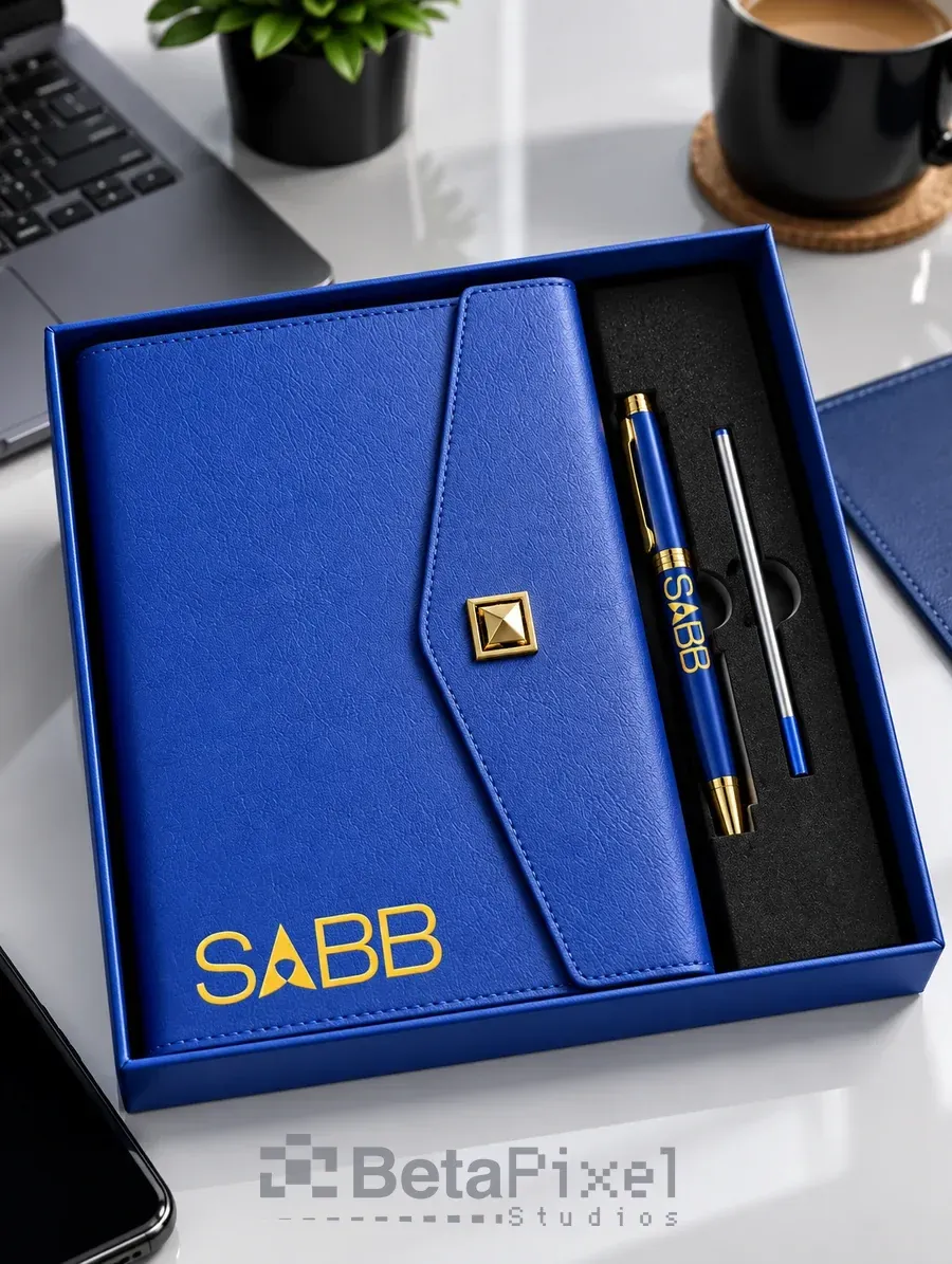Blue leather notebook with a gold logo and two branded pens in a fitted blue gift box