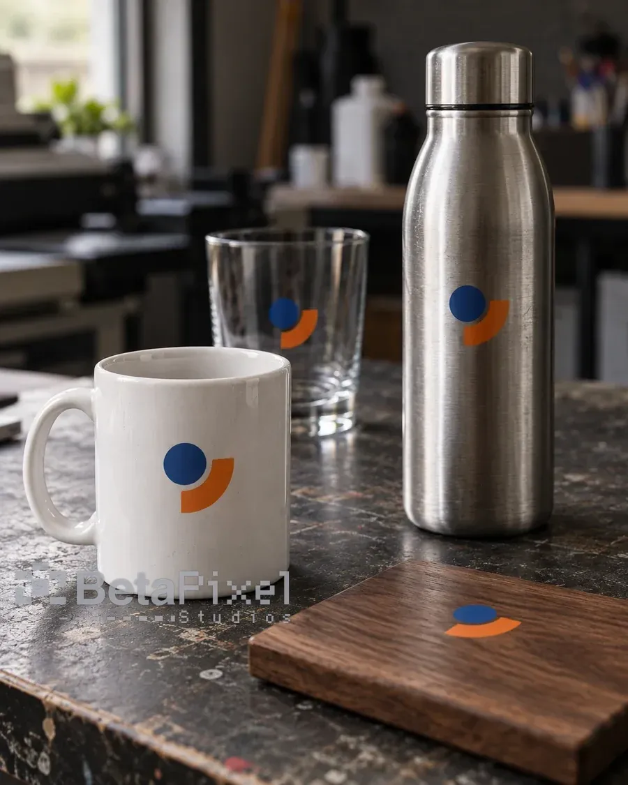 Matching branded set of a ceramic mug, a drinking glass, a steel water bottle and a wooden coaster with one logo