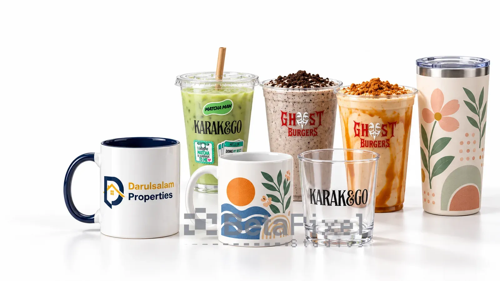 Branded ceramic mugs, printed plastic drinks cups, a clear glass and a patterned steel tumbler for cafés and companies