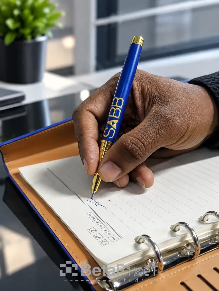 Hand writing with a blue and gold branded pen in a leather ring binder with lined refill pages