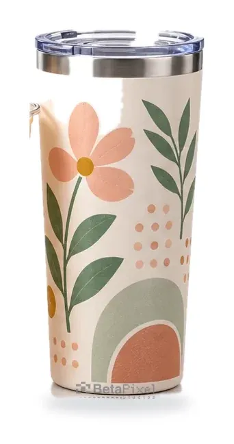 Cream insulated steel tumbler with a full-wrap botanical pattern