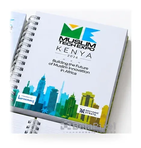 Spiral notebook for a Kenyan technology expo with a city-skyline cover and sponsor logos