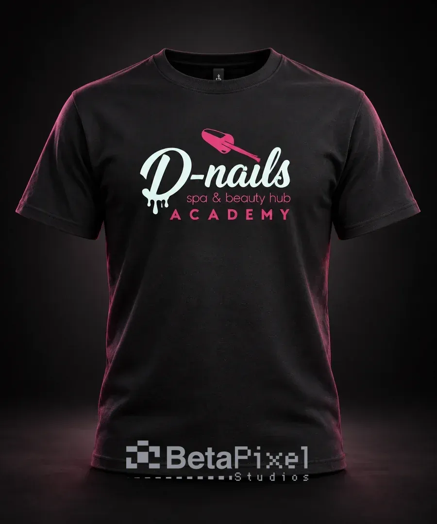 Black T-shirt printed with a pink and white nail and beauty academy logo