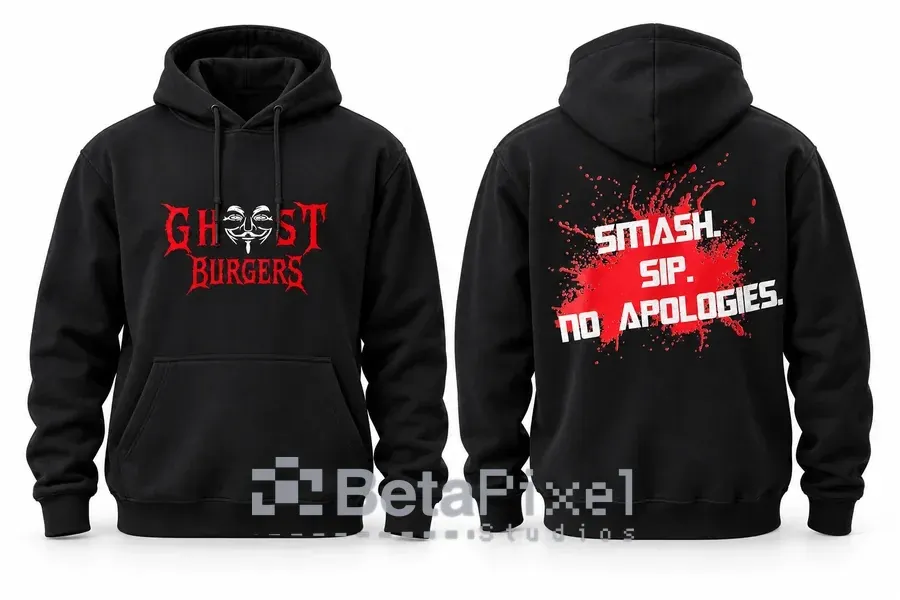 Black restaurant hoodies showing a red masked-face logo on the front and a red splatter slogan print on the back