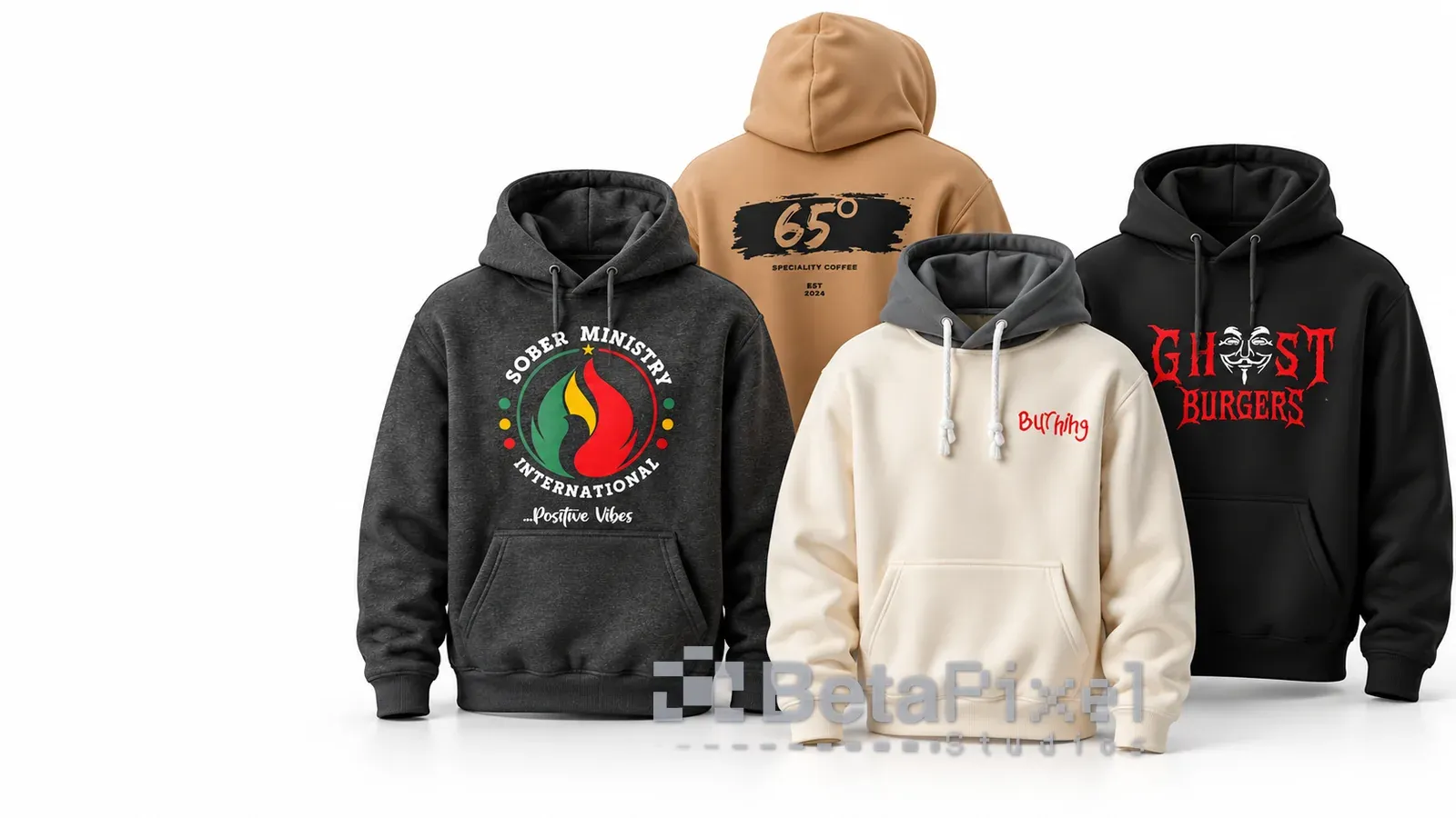 Printed hoodies in charcoal, tan, cream and black with front and back logo designs for brands and cafés