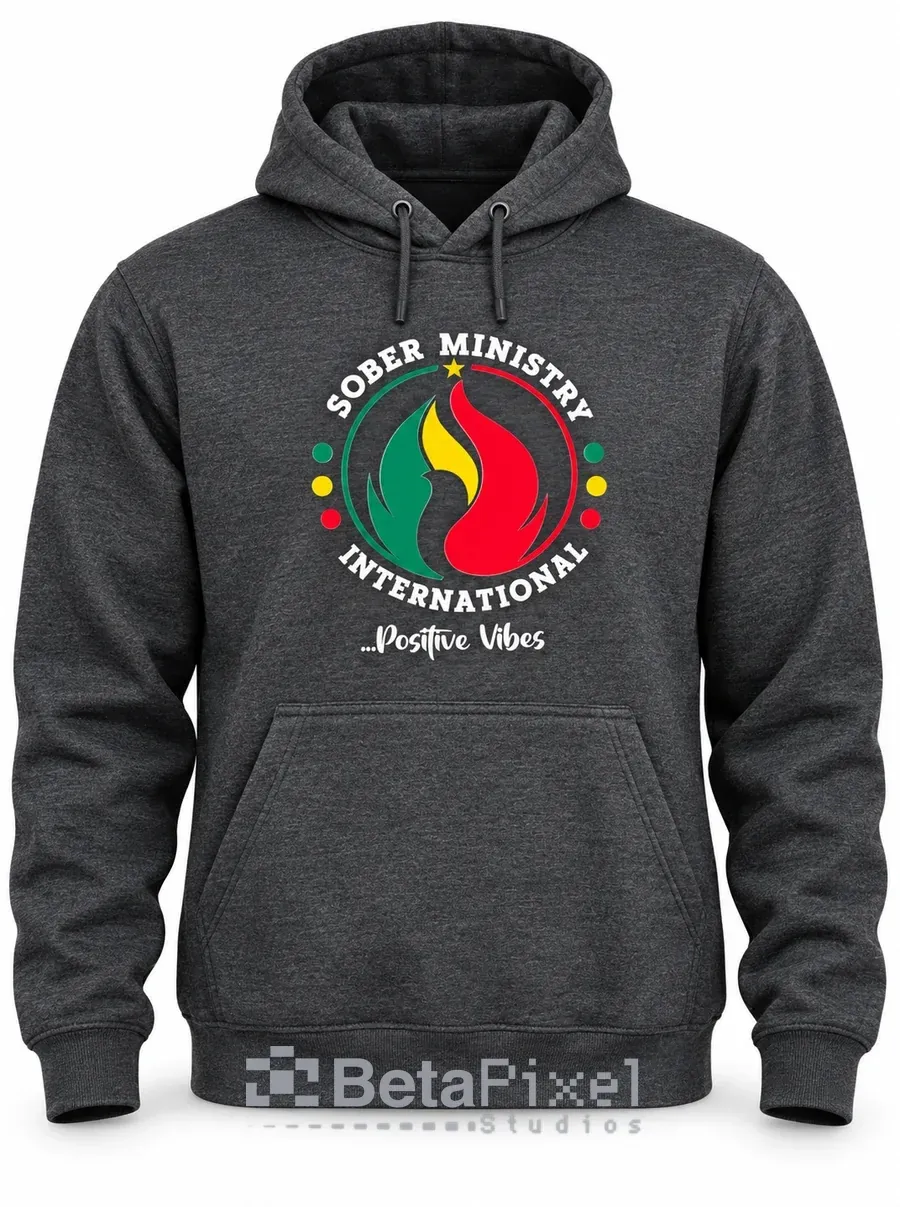 Charcoal hoodie with a large full-colour circular logo print on the chest