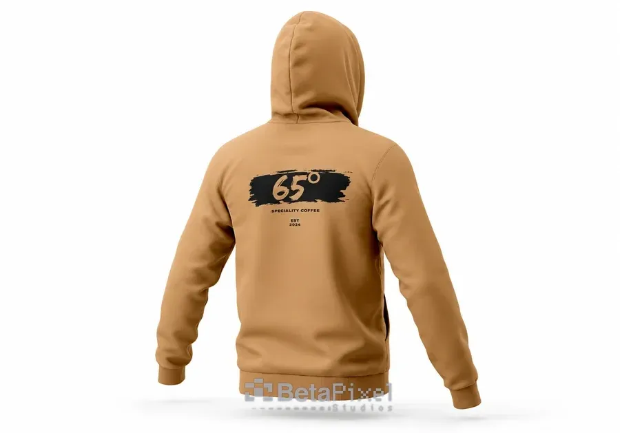 Tan hoodie with a large black brush-stroke 65° speciality coffee print across the back