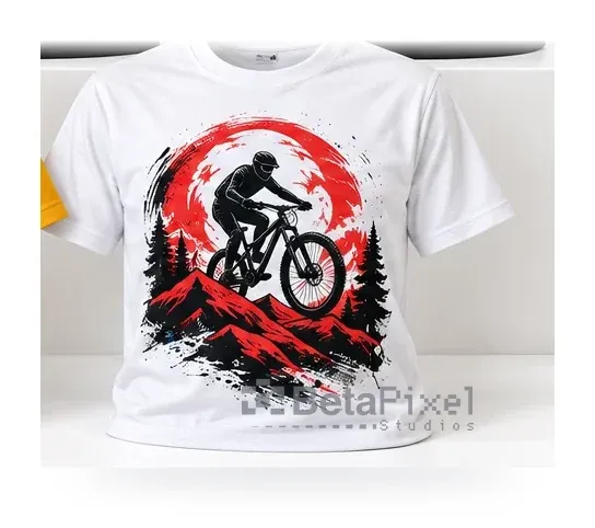 White T-shirt with a red and black mountain-bike illustration