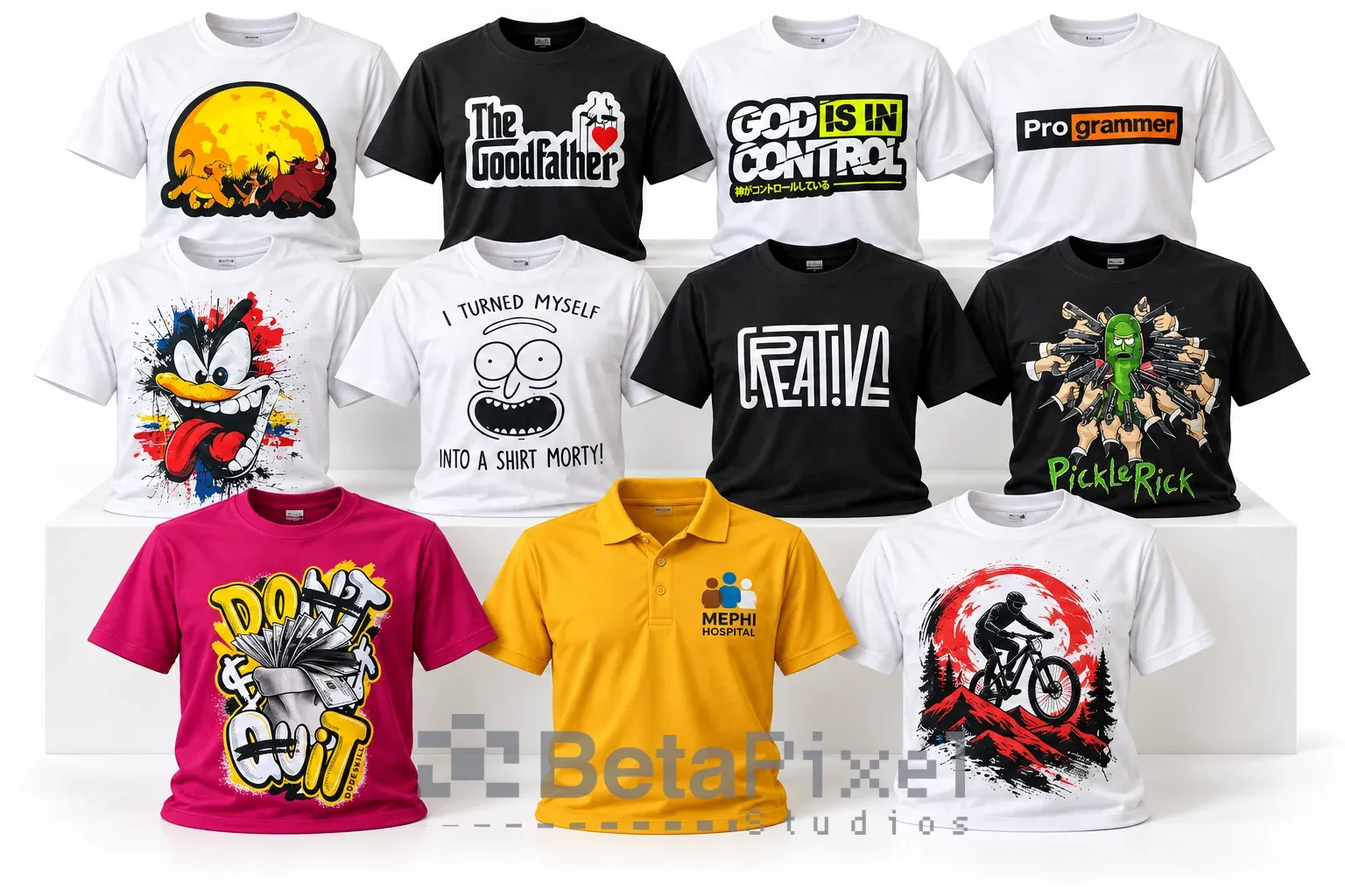 Printed T-shirts with typography and illustrated designs and a yellow polo shirt with a hospital logo
