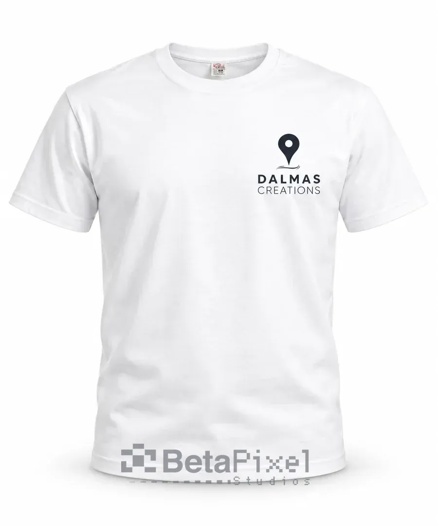 White T-shirt with a small black location-pin logo printed on the left chest for a creative studio