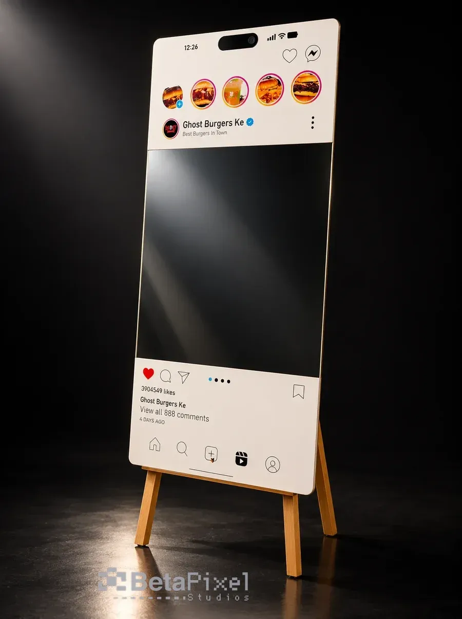 Full-length selfie mirror printed as a social media post frame for a restaurant, standing on a wooden easel