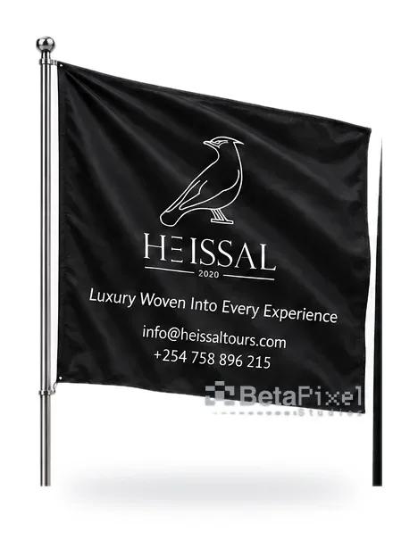 Black printed pole flag for a tour company with a bird logo, tagline and contacts