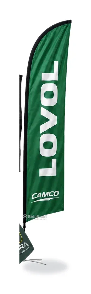Green feather flag for an agricultural machinery dealer printed with a vertical logo