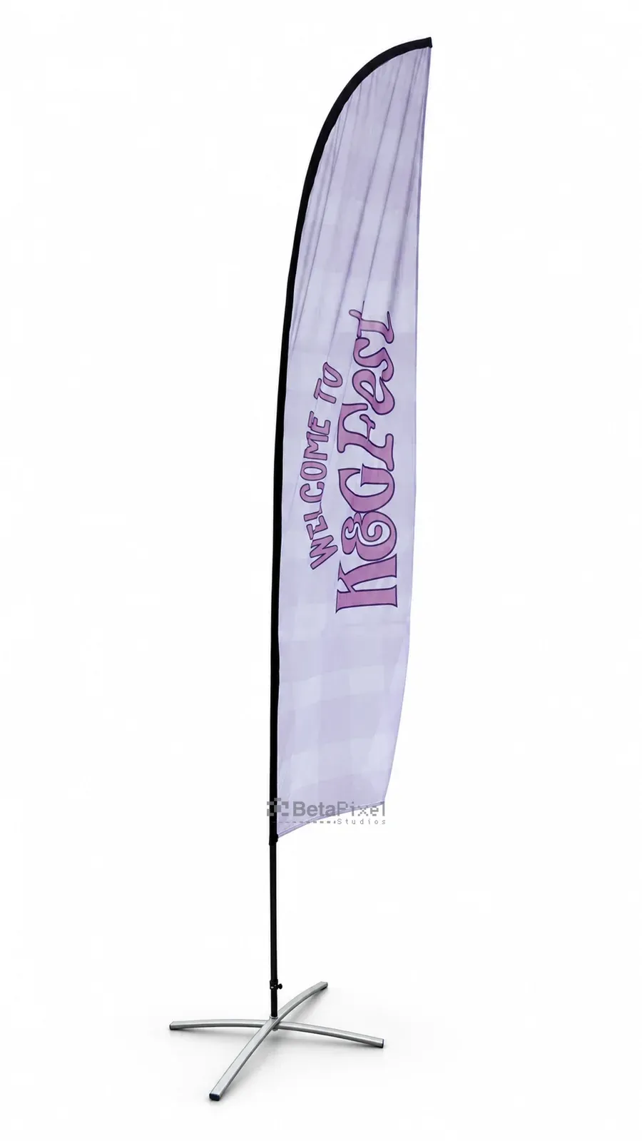Lilac feather flag welcoming visitors to a festival