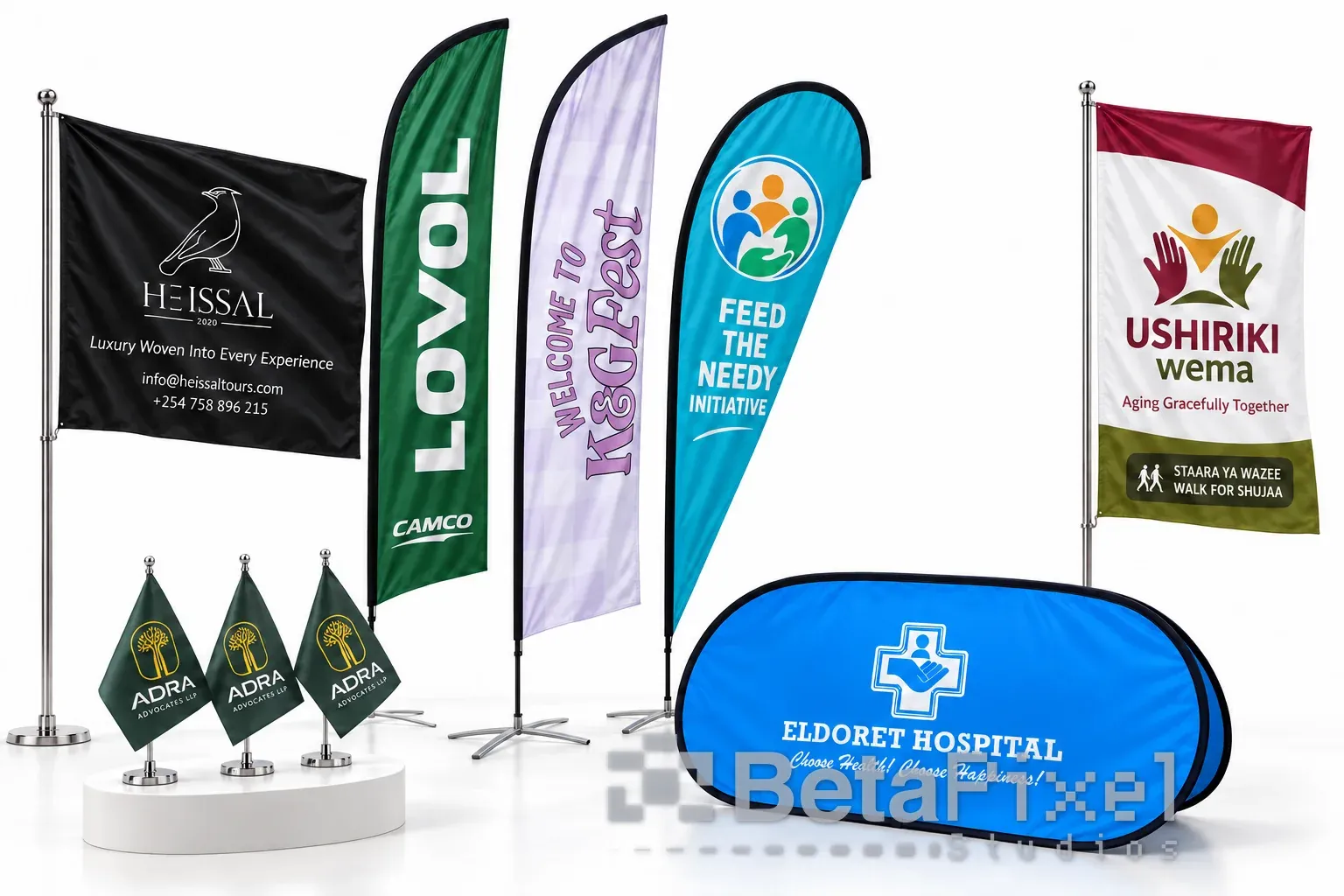 Branded pole flags, feather flags, a teardrop flag, desk flags and a pop-up A-frame banner for events
