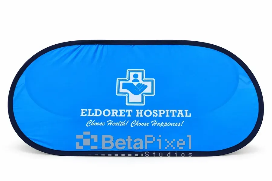 Blue pop-up A-frame ground banner for a hospital with a health slogan