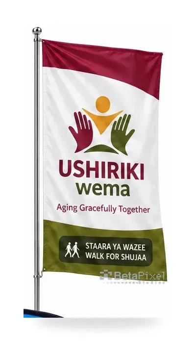 Vertical pole banner for a community elder-care walk with a hands logo