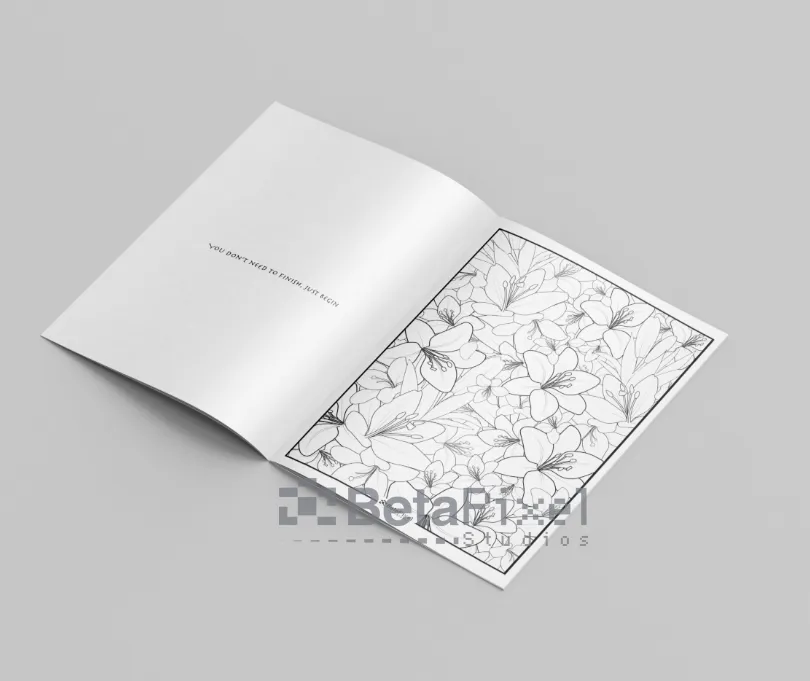 Open spread with a dense lily pattern to colour and the line You don’t need to finish, just begin