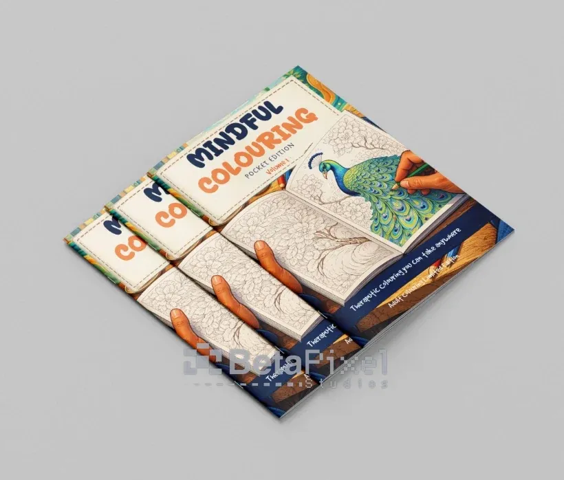 Three copies of Mindful Colouring Pocket Edition Volume 1, with the peacock cover illustration