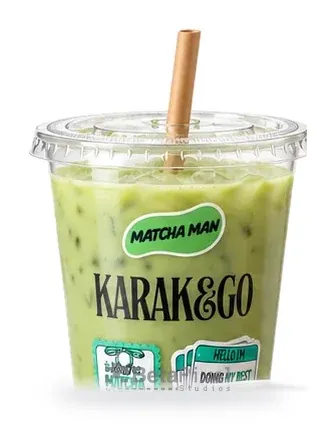 Clear plastic iced-drink cup branded with a café logo and sticker labels