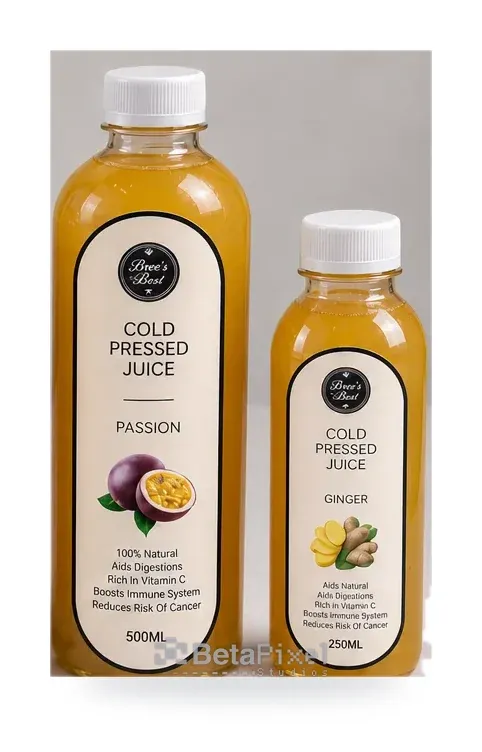 Minimal cream oval labels on passion and ginger cold-pressed juice bottles in two sizes