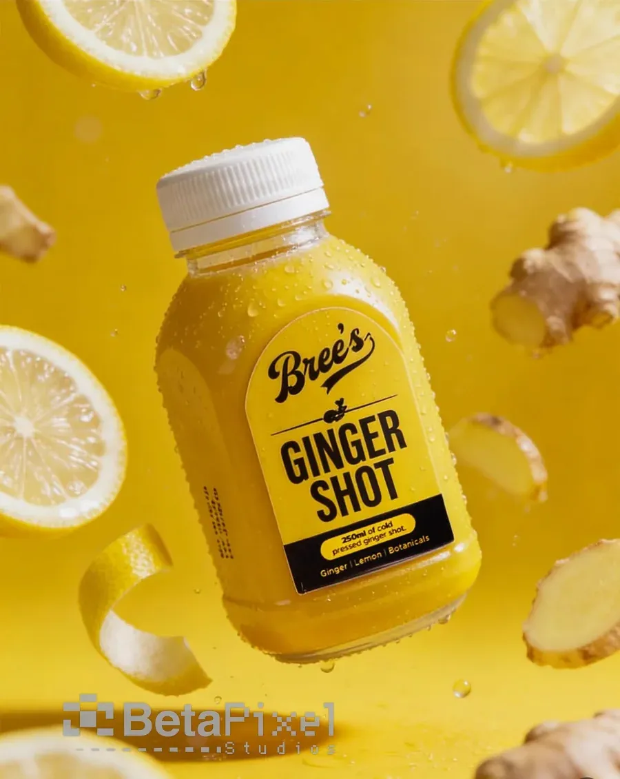 Ginger shot bottle with a yellow and black product label among floating lemon slices and ginger