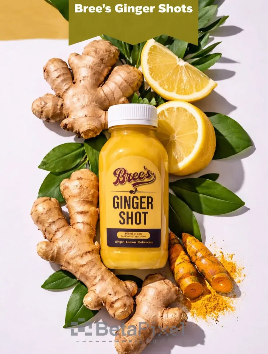 Ginger shot bottle with its yellow product label surrounded by fresh ginger, lemon, turmeric and leaves