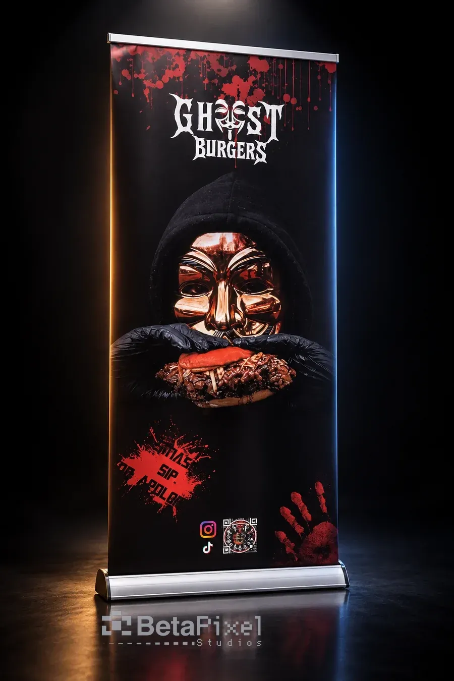 Dark roll-up banner for a burger restaurant with a masked character and bold logo