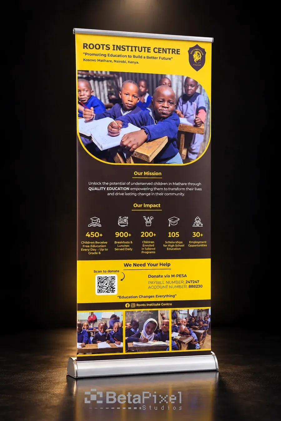 Black and yellow roll-up banner for a children’s education centre with classroom photos, impact figures and a donation QR code