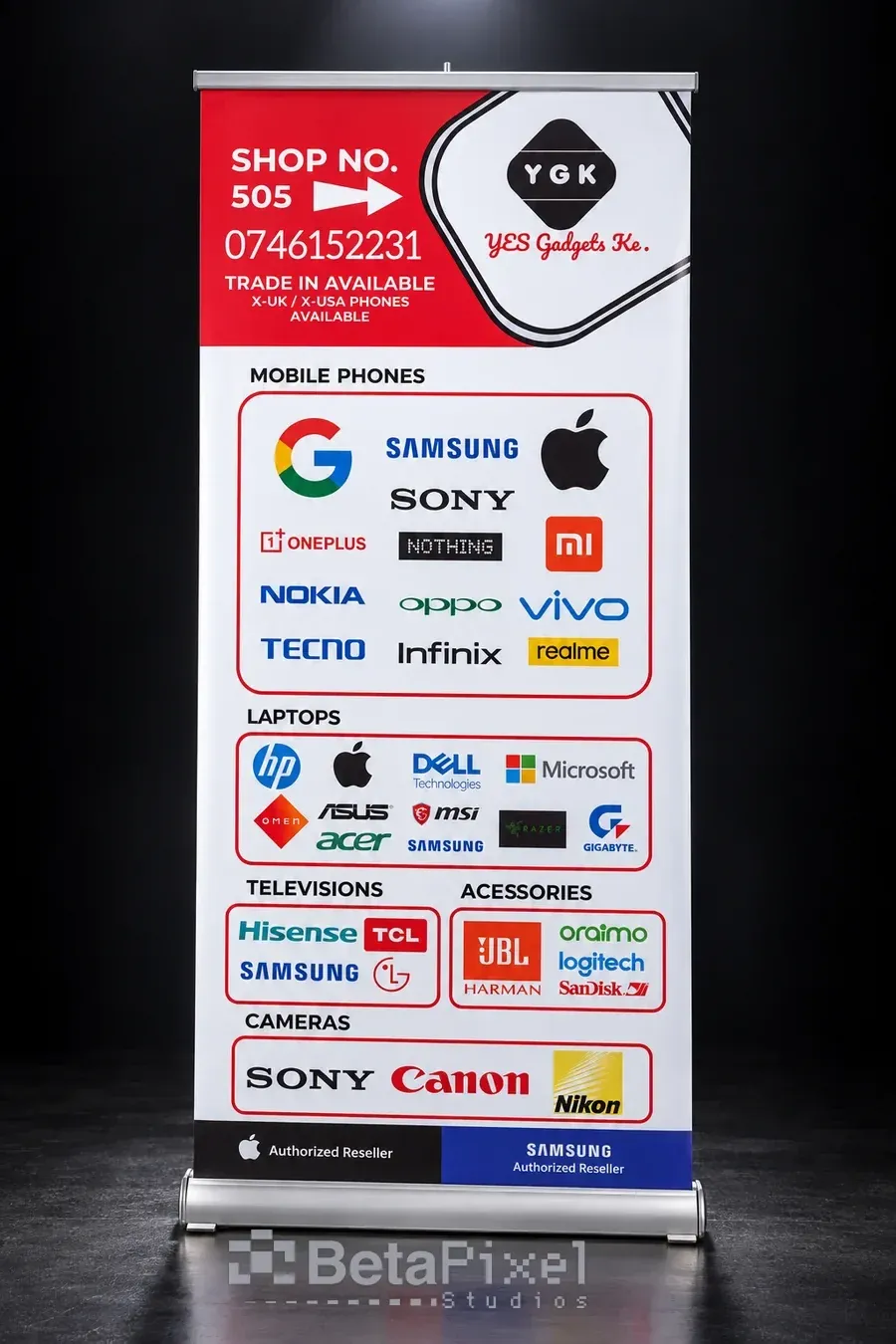 White and red roll-up banner for a phone and electronics shop listing the brands it stocks, with shop number and phone